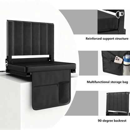 Portable Stadium Seat with Back Support, Folding Bleacher Chair with Cushion, Cup Holders, Storage Pockets – Ideal for Sports Events, Camping & Picnics (Black)