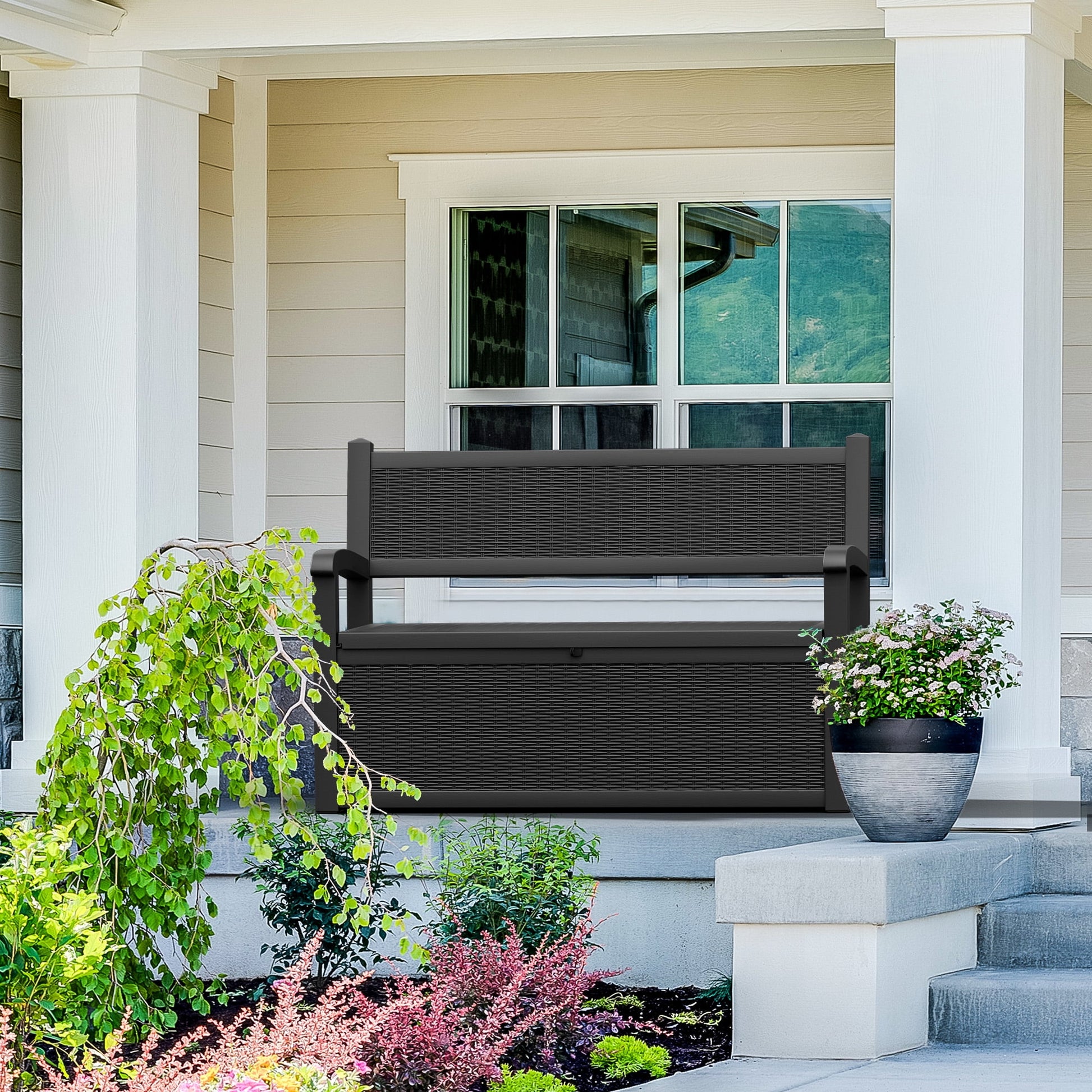 Nihsuao 80 Gallon Plastic Storage Bench Made of Durable Weatherproof Resin, Deck Box Lockable Storage Compartment for Outdoor Patios & Lawns, Black