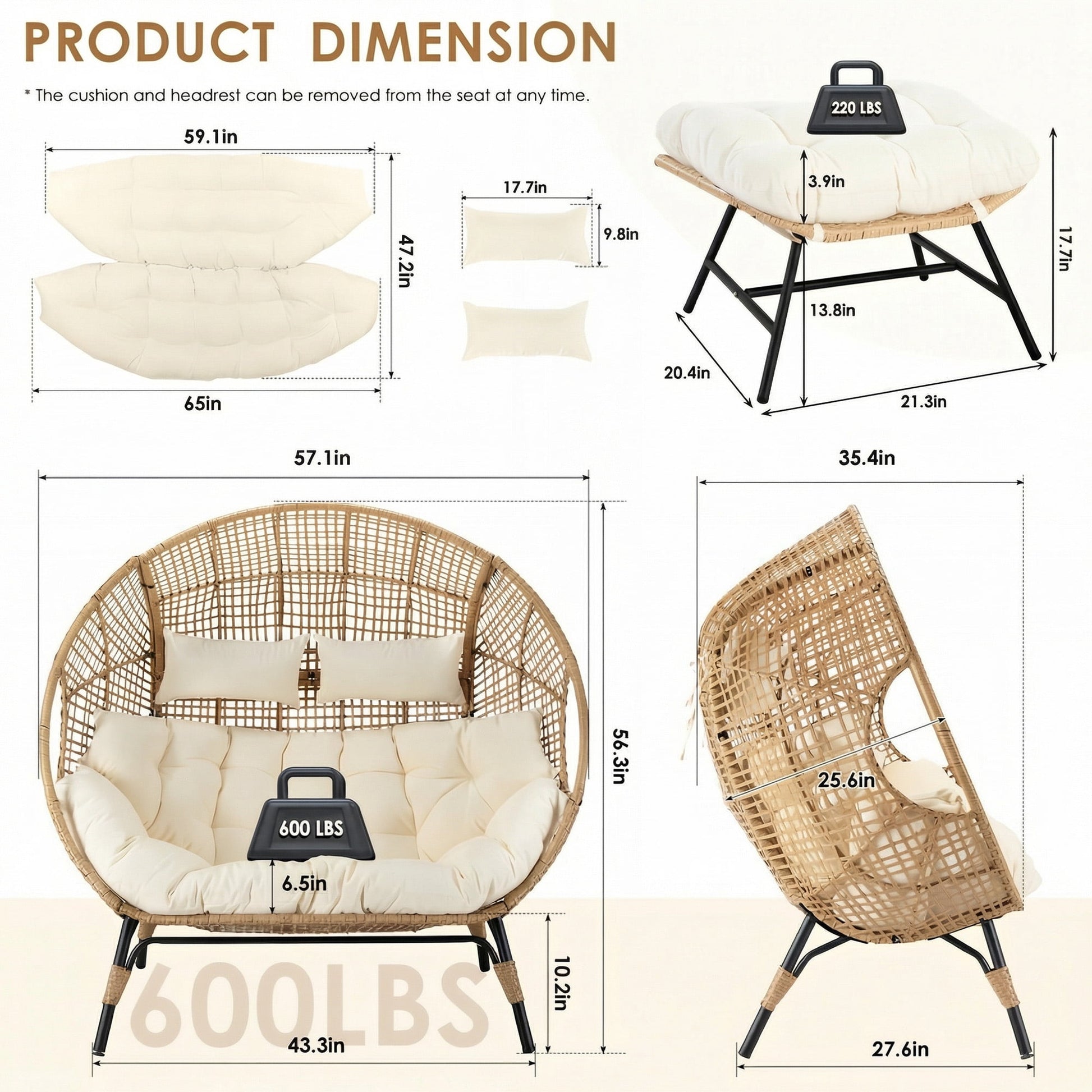 RADIATA Two Person Egg Chair with Ottomans Outdoor Wicker Patio Egg Chairs with Footrests for Indoor Bedroom Outside Porch Deck Backyard Garden (Beige,Oversized,Double)