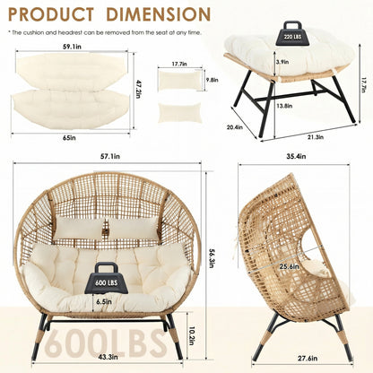 RADIATA Two Person Egg Chair with Ottomans Outdoor Wicker Patio Egg Chairs with Footrests for Indoor Bedroom Outside Porch Deck Backyard Garden (Beige,Oversized,Double)