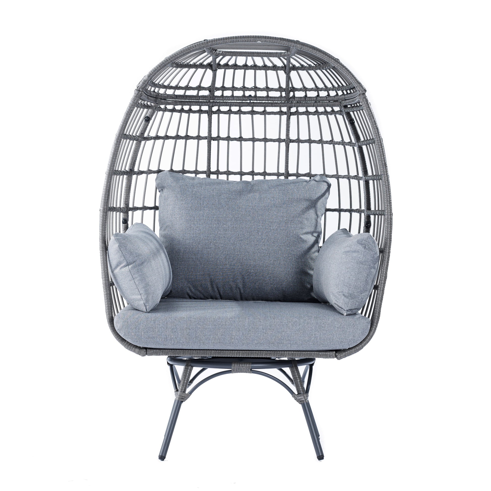 Emma + Oliver Gray/Gray Indoor/Outdoor Oversized Swivel Lounge Egg Chair with Wicker Rattan Construction and 4 Cushions for Patio, Sunroom, or Deck