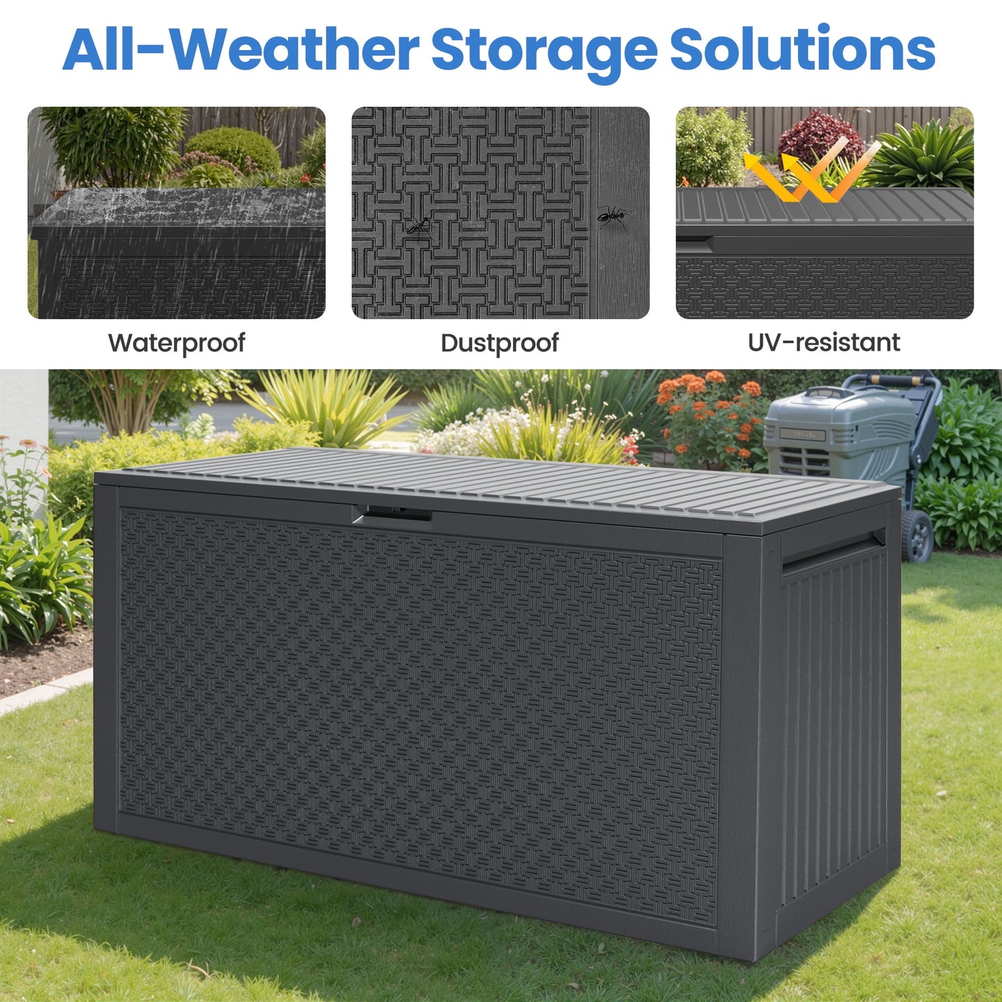 Seizeen 90GAL Outdoor Storage Box on clearance, Resin Deck Box Maze Pattern, Patio Toy Storage Furniture for Garden, MAX 485LBS Weight Storag Bench Table for Porch, Gray