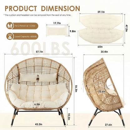 RADIATA Double Egg Chair for 2 Person, Oversized Wicker Loveseat with Thick Cushions, Indoor Outdoor Stationary Patio Lounge Chair for Balcony, Garden, Beige