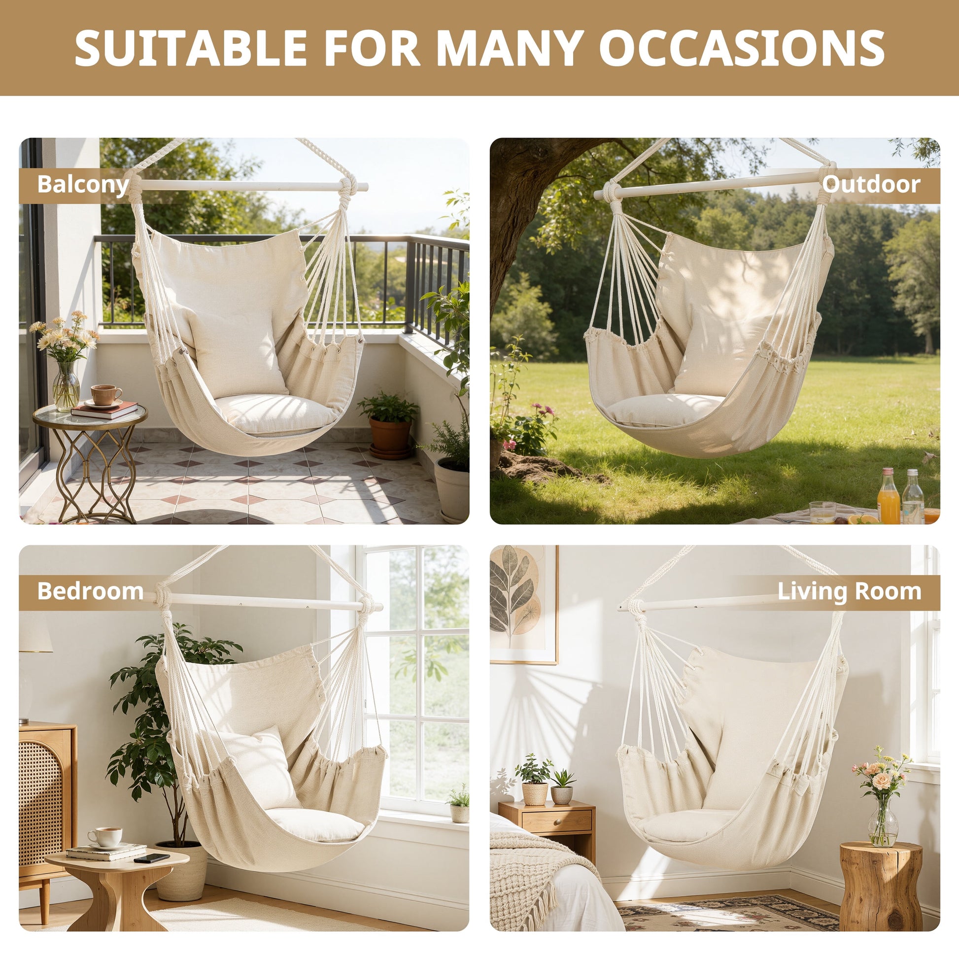 Large Hammock Chair Swing, Relax Hanging Rope Swing Chair with Detachable Metal Support Bar & Two Seat Cushions, Cotton Hammock Chair Swing Seat for Yard Bedroom Patio Porch Indoor Outdoor