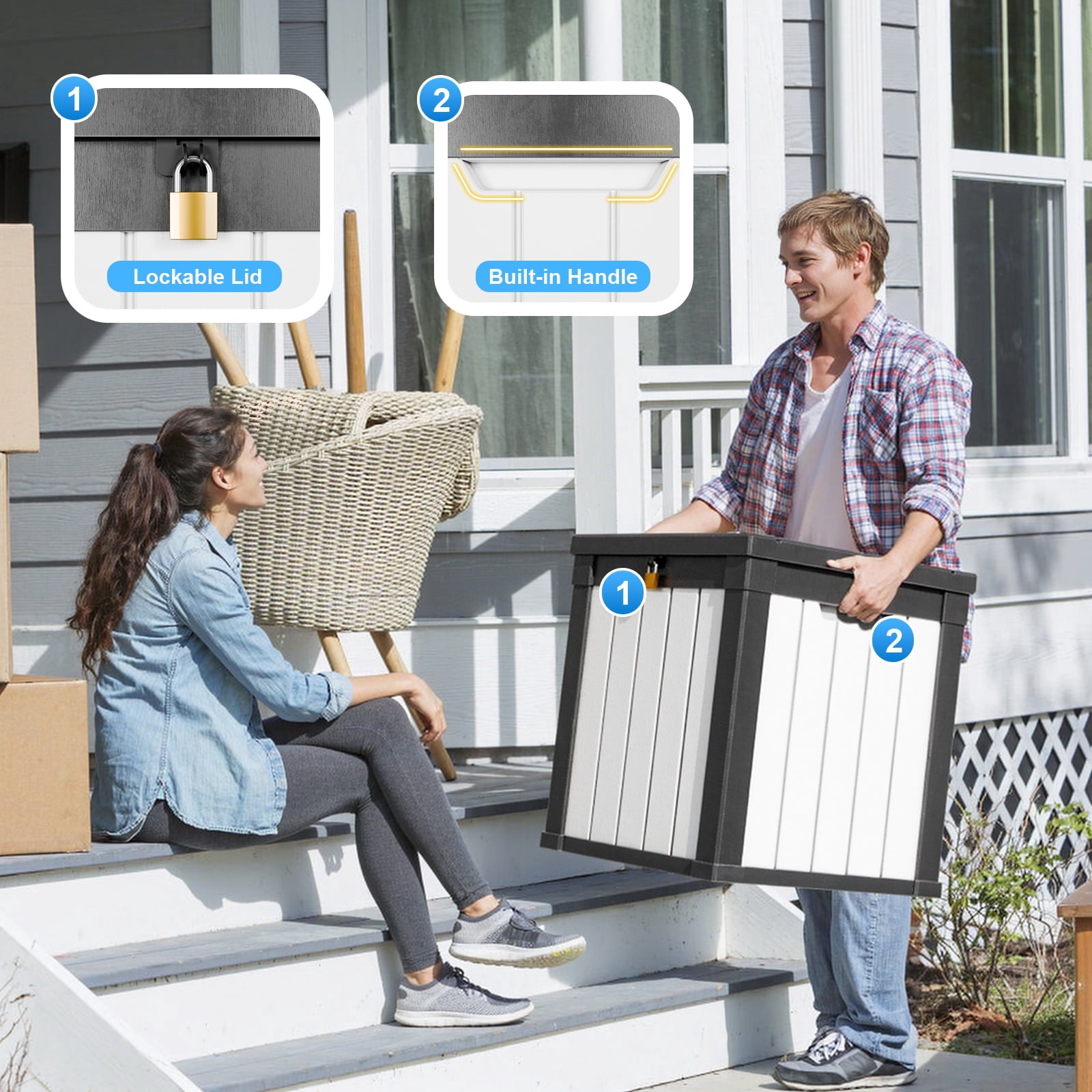 Easy Up 50 Gallon Resin Deck Box, Lockable Patio Outdoor Storage Box for Furniture, Garden Tools and Tools Storage, Waterproof Outside Storage Boxes