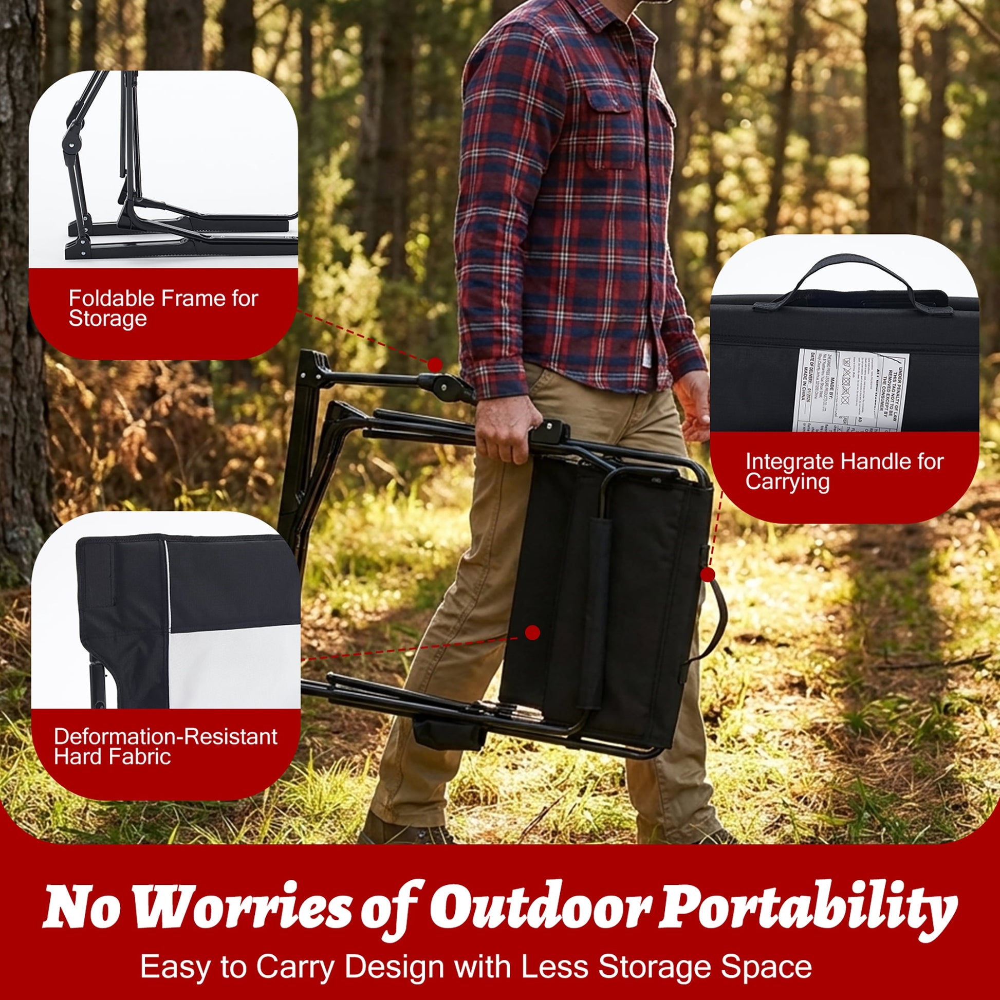 EDX Folding Camping Chair, Padded High Back, Adjustable Lumbar Support, Extra Wide for Adults, 500 lbs Steel Frame, Portable Outdoor, Black