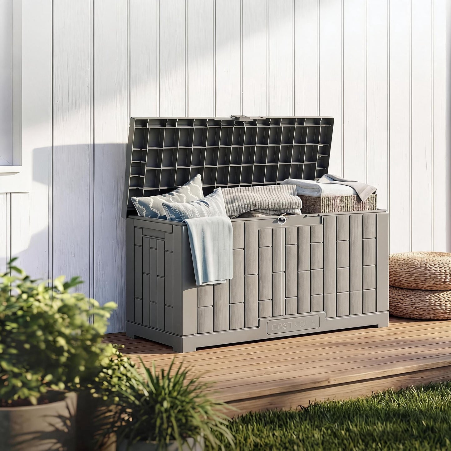 60 Gallon Waterproof Resin Outdoor Storage Box with Lock, UV Resistant, Grey