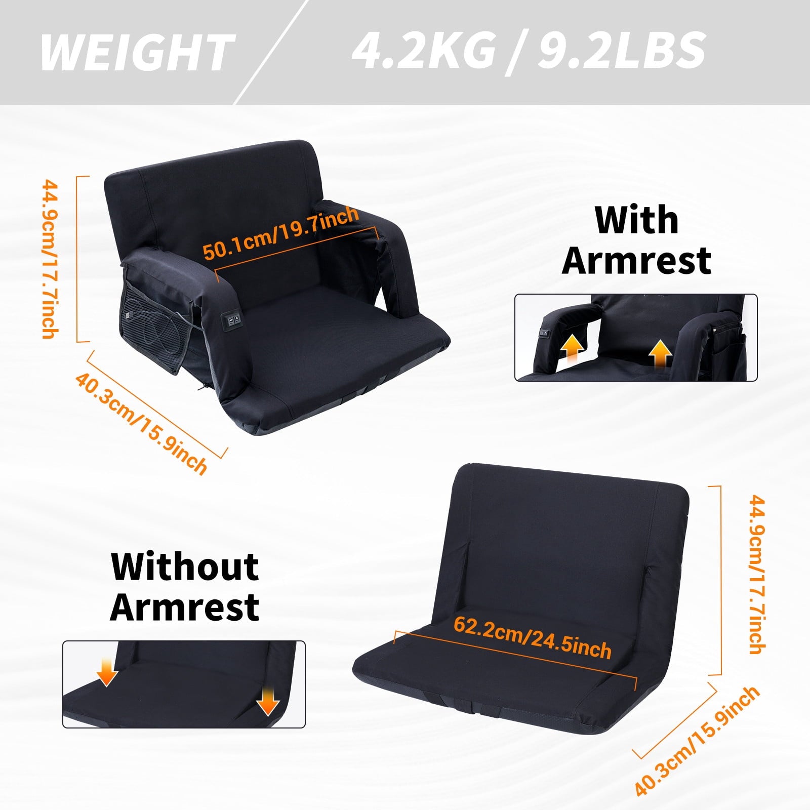 Heated Massage Stadium Seats, Floor Chair, Bleacher Chairs, Reclining Waterproof Cushion, Ultralight, Foldable, Extra Thick Padding, with Shoulder Straps & Side Pockets (Regular, Set of 1)