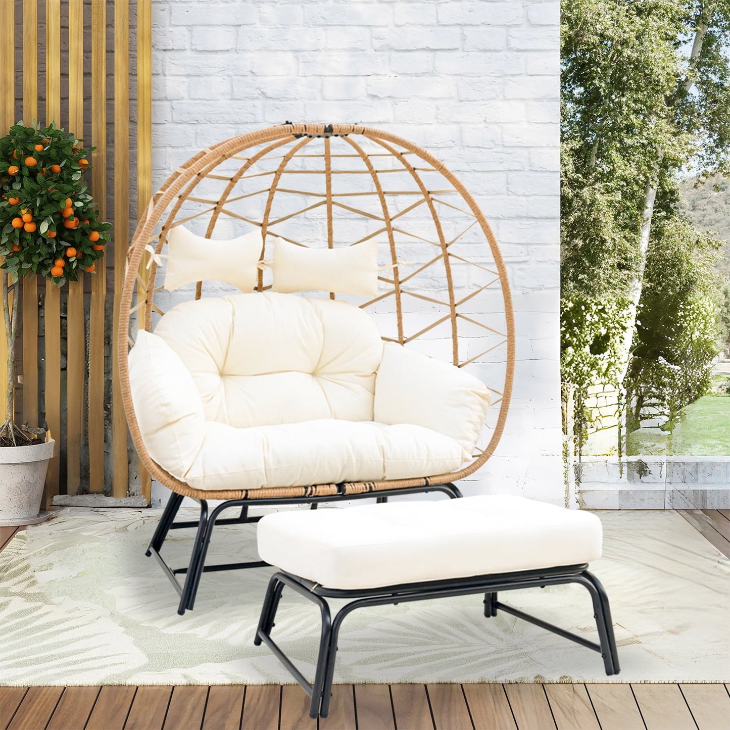 FKS LIFE 2 Person Egg Chair With Ottoman Cushion Large Egg Basket Chair With Footrest For Outdoor Indoor Patio Balcony Garden