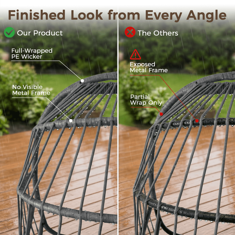 RADIATA Outdoor Foldable Hanging Egg Chair with Stand, PE Wicker Indoor Outdoor Swing Chair with 5" Cushion and Headrest, 350 lbs Capacity, Dark Gray