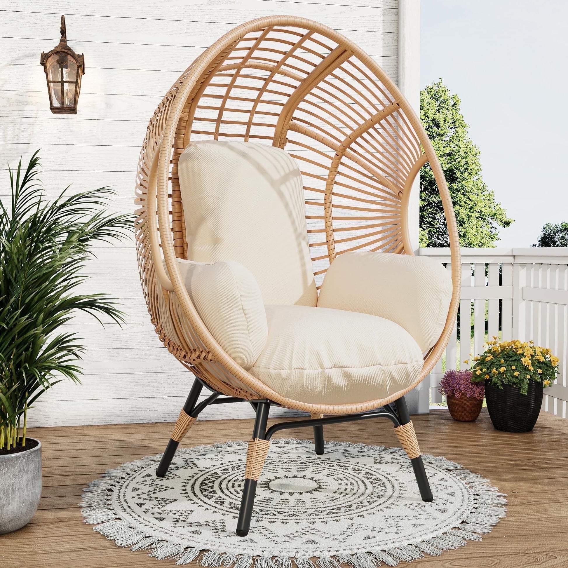 TQKVIPI Oversized Egg Chair Outdoor Indoor,Patio Lounge Chair with Thicken Cushions & Durable Steel Frame, Egg Basket Chair 500lbs Capacity for Garden, Backyard, Porch,Bedroom (Beige-Regular)