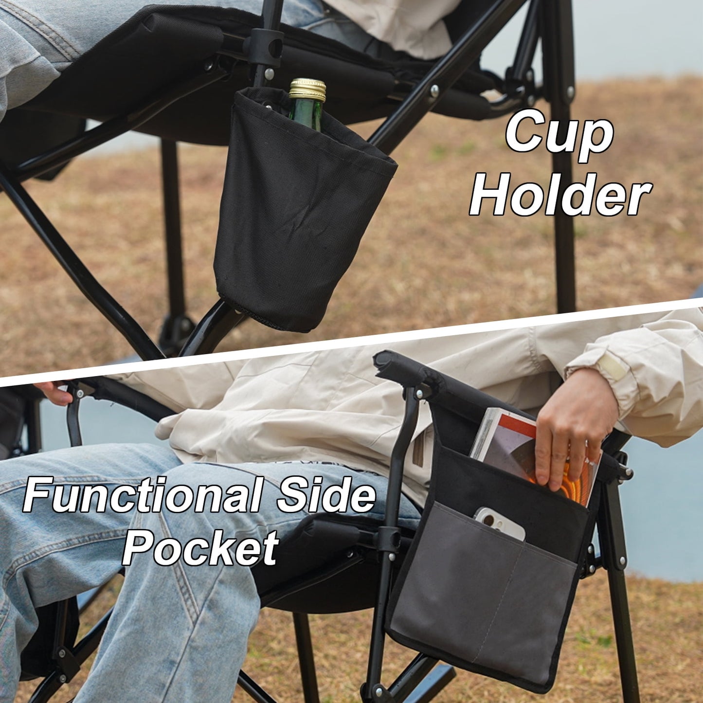 SUNSPIRE Folding Rocking Camping Chair 2-Pack, Heavy Duty Padded Rocker with High Back Hard Armrests for Outdoor Patio Garden