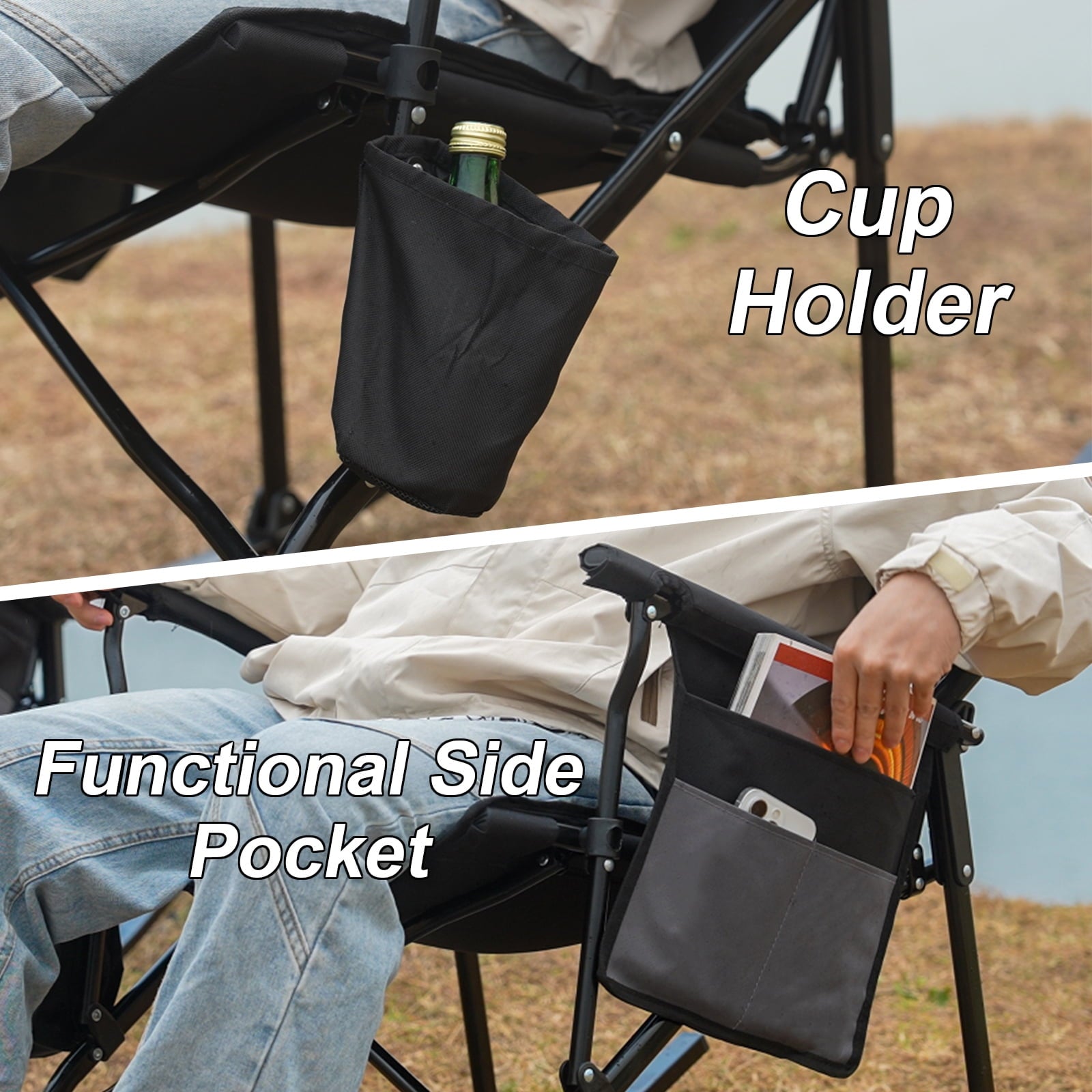 SUNSPIRE Folding Rocking Camping Chair 2-Pack, Heavy Duty Padded Rocker with High Back Hard Armrests for Outdoor Patio Garden