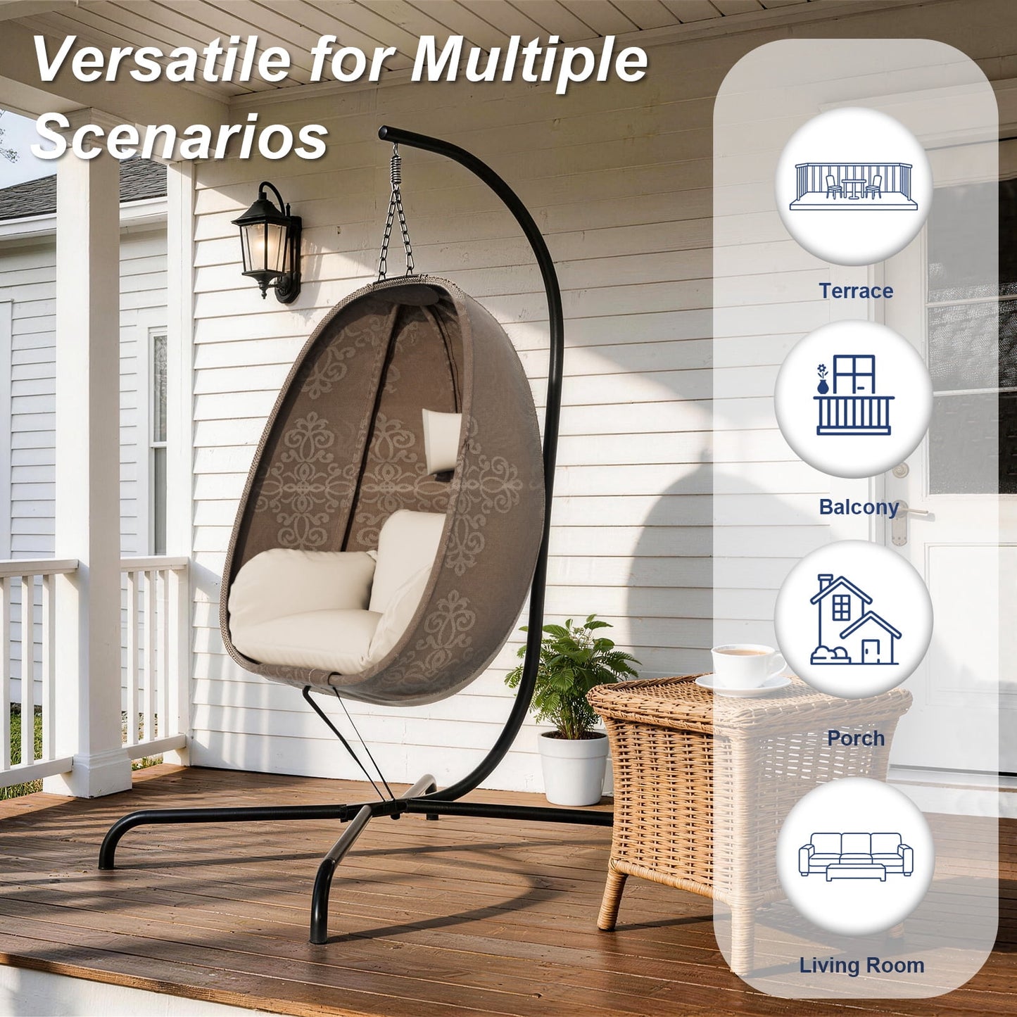 ALAULM Foldable Egg Chair with Stand, 485LBS Capacity Textilene Hammock Swing Chair for Outdoor & Indoor, Patio Hanging Chair with Strong Frame & UV Resistant Cushion for Balcony, Bedroom, Cream/D2