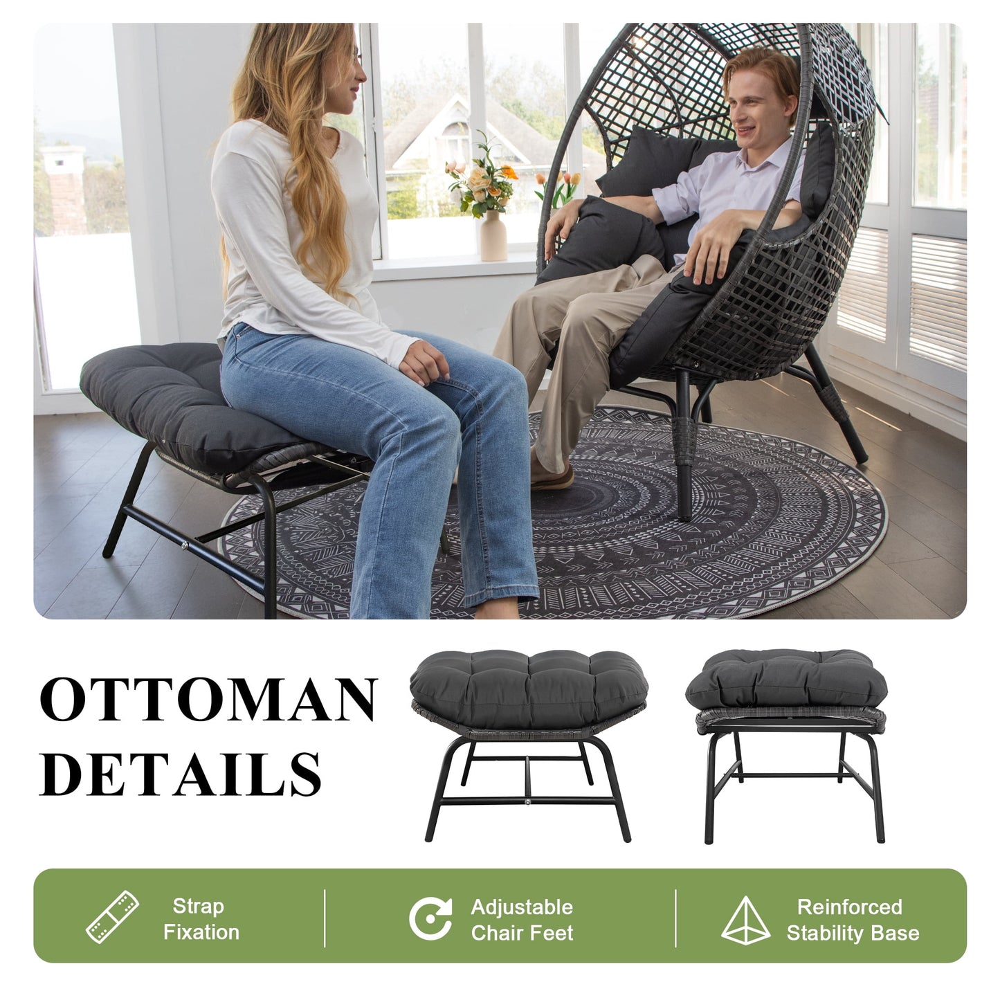 RADIATA Oversized Patio Egg Chair with Footrest, Dark Gray Rattan Outdoor Lounge Chair with Cushion