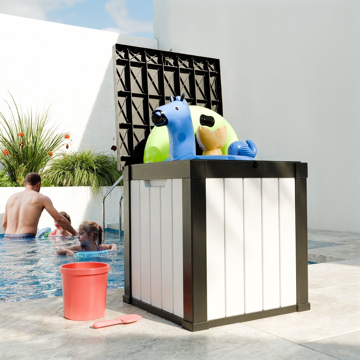 Easy Up 50 Gallon Resin Deck Box, Lockable Patio Outdoor Storage Box for Furniture, Garden Tools and Tools Storage, Waterproof Outside Storage Boxes
