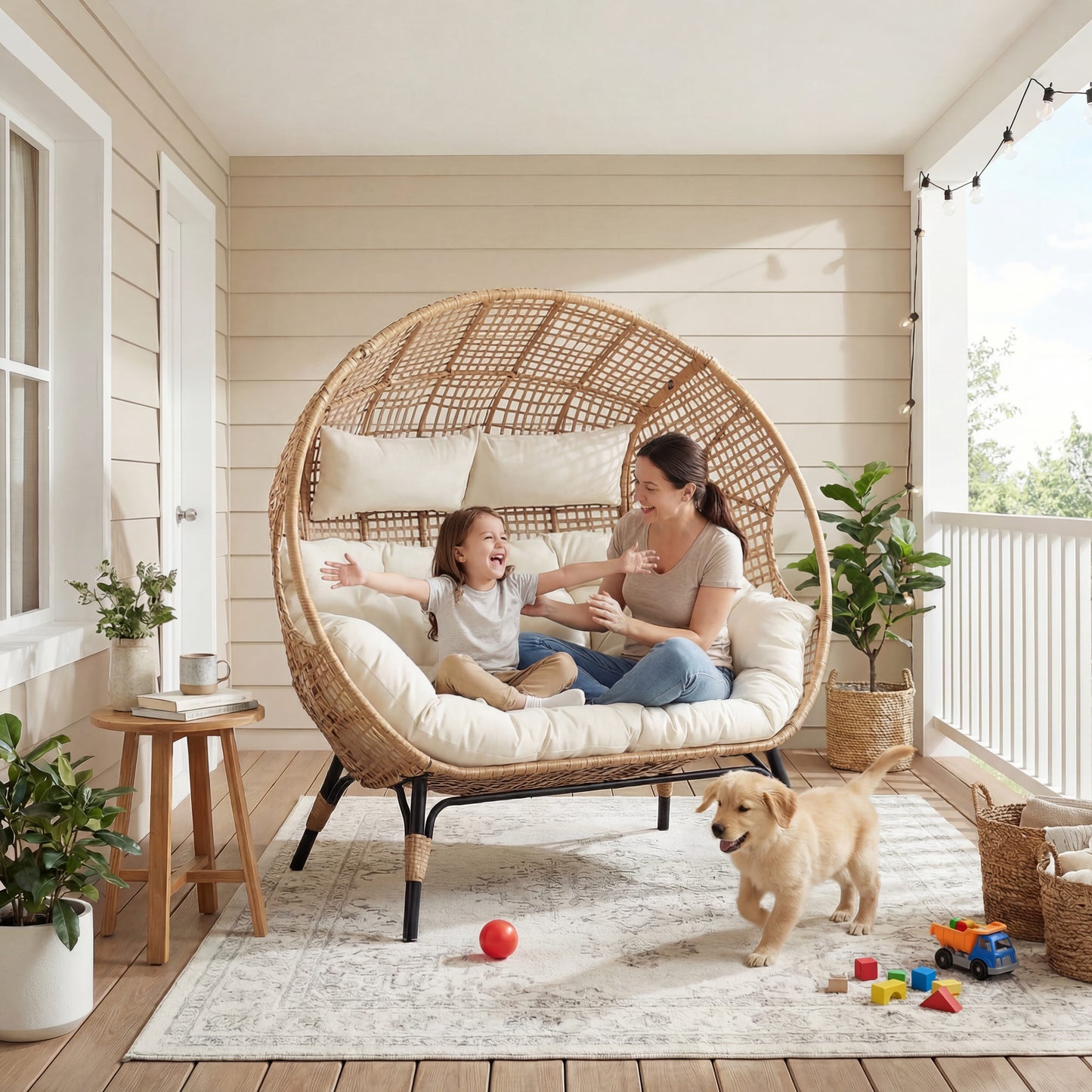 RADIATA Double Egg Chair for 2 Person, Oversized Wicker Loveseat with Thick Cushions, Indoor Outdoor Stationary Patio Lounge Chair for Balcony, Garden, Beige