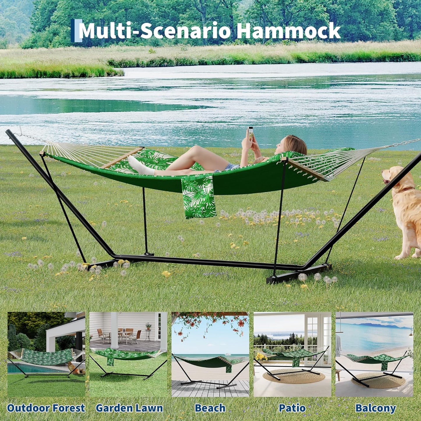 Garvee Double Hammock with Stand, Heavy Duty with Balance Rope, Green