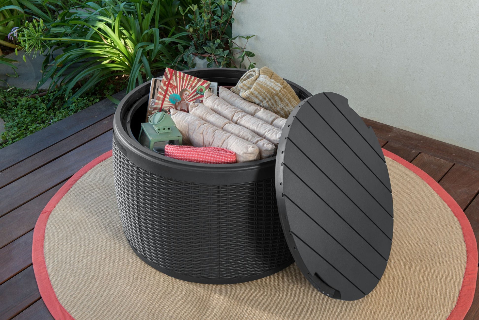 Keter Circa Rattan Look 37 Gallon Resin Round Deck Box, Patio Table for Outdoor Cushion Storage, Grey