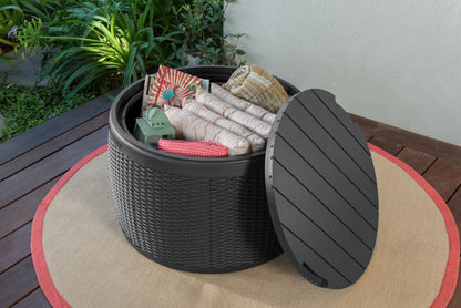 Keter Circa Rattan Look 37 Gallon Resin Round Deck Box, Patio Table for Outdoor Cushion Storage, Grey