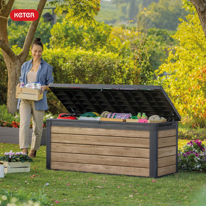 Keter Signature 150 Gallon Durable Weatherproof Resin Deck Box Organization and Storage for Outdoor Patio and Lawn, Ashwood