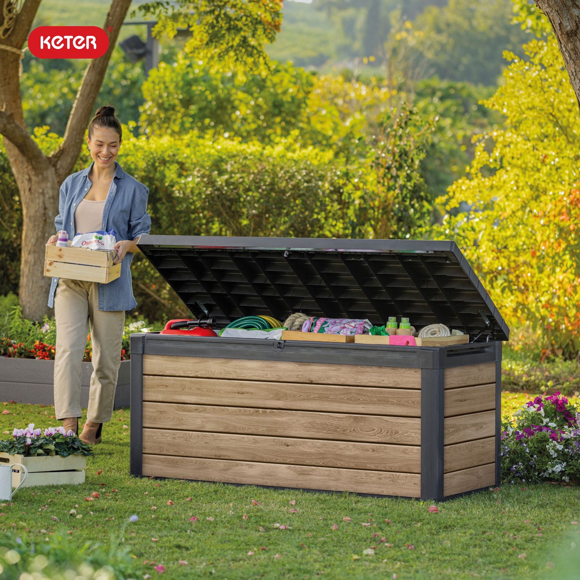 Keter Signature 150 Gallon Durable Weatherproof Resin Deck Box Organization and Storage for Outdoor Patio and Lawn, Ashwood