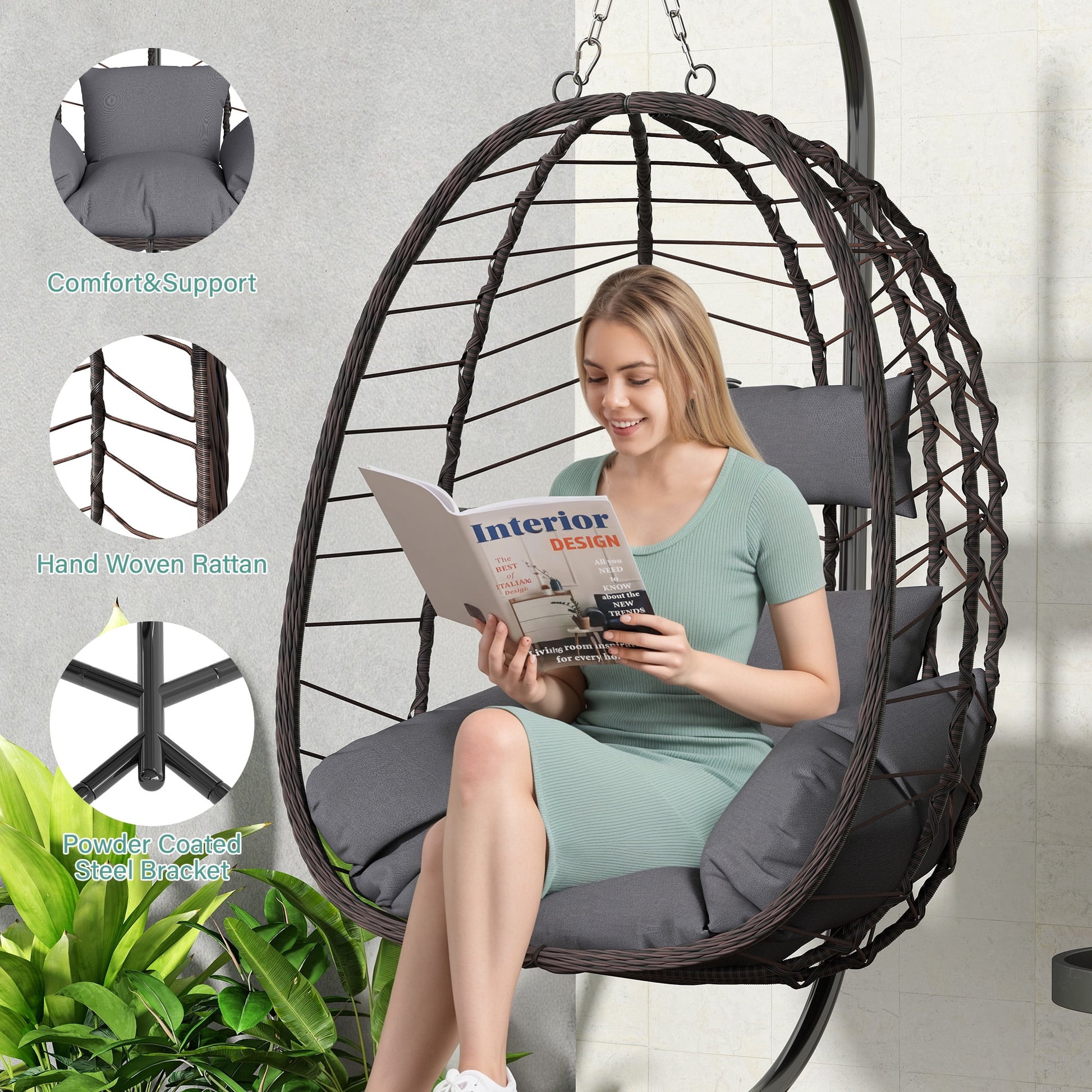 Egg Chair with Stand, Patio Wicker LHBcraft Hanging Chair, Hammock Swing Chair, 350LBS Capacity for Bedroom, Balcony, Garden