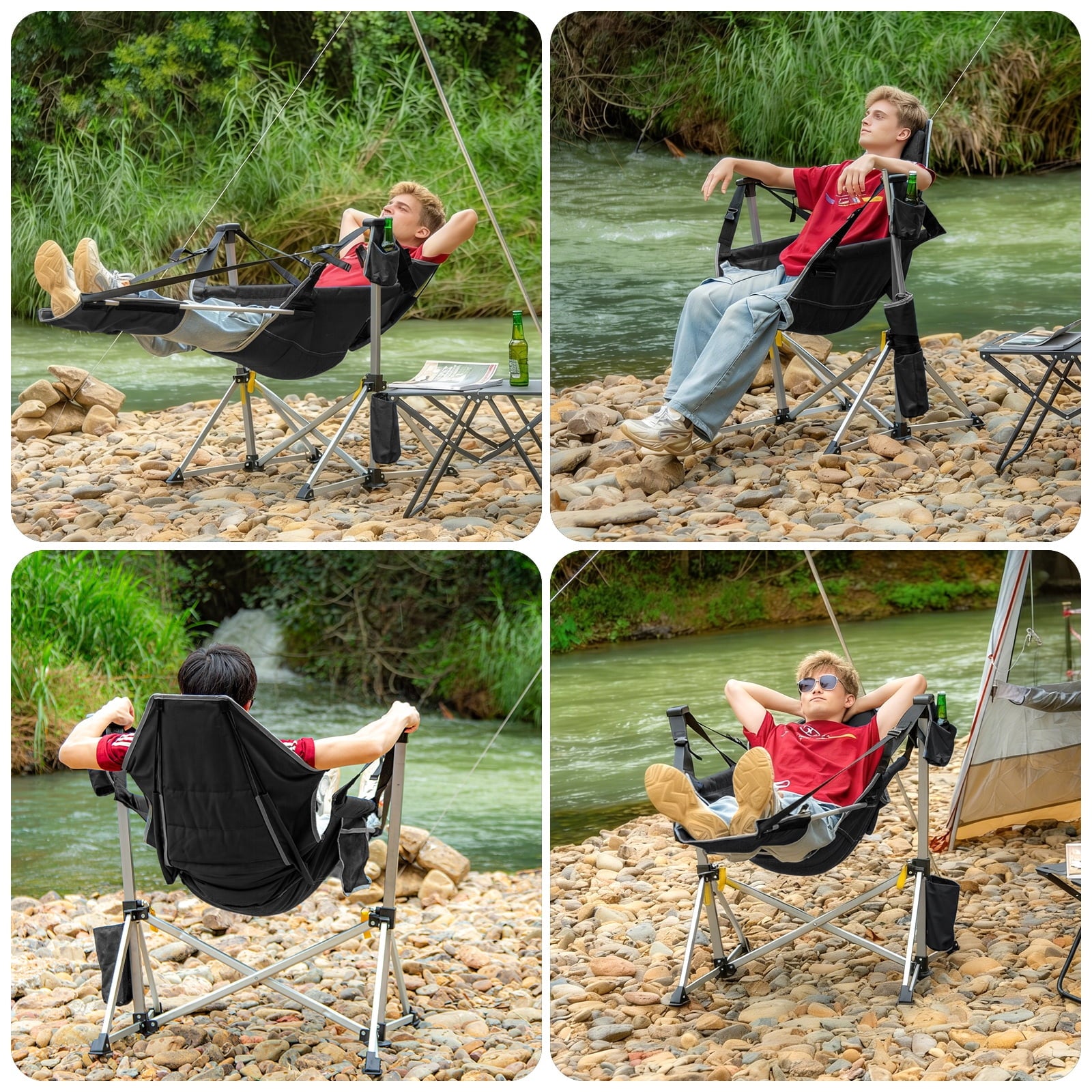 SUNSPIRE Oversized Hammock Chair with Footrest 2-Pack Portable Folding Rocking Camp Chair with Cup Holder for Outdoor Beach Sports Fishing Black