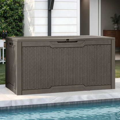 Uforic Lockable 100 Gallon Resin Deck Box, Heavy-Duty Weather Resistant Outdoor Storage Chest, Versatile Storage Solution for Patio Accessories and Daily Essentials, Light Brown