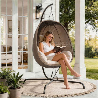 ALAULM Foldable Egg Chair with Stand, 485LBS Capacity Textilene Hammock Swing Chair for Outdoor & Indoor, Patio Hanging Chair with Strong Frame & UV Resistant Cushion for Balcony, Bedroom, Cream/D2