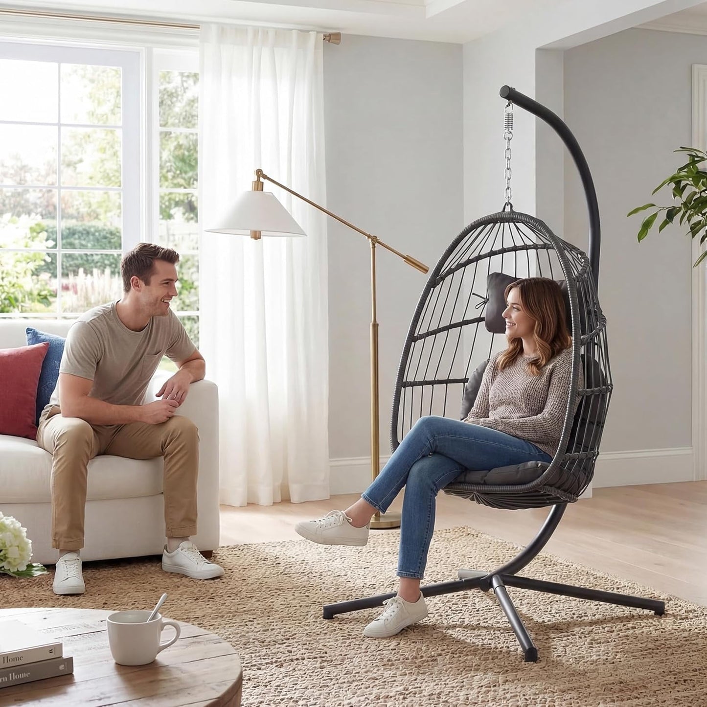 XIAO WEI Hanging Egg Chair with Stand, Indoor/Outdoor, 350 lbs Capacity, Charcoal Grey