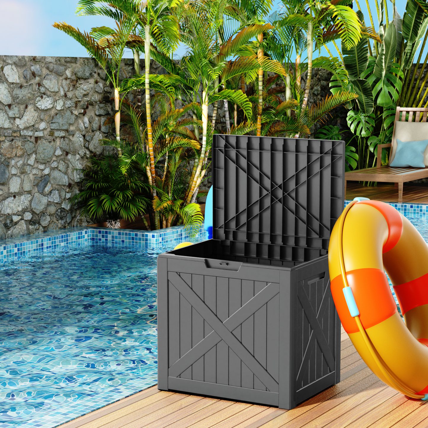 EasyUp 32 Gallon Resin Deck Box, Lockable Patio Outdoor Storage Box for Furniture, Garden Tools and Tools Storage, Waterproof Outside Storage Boxes