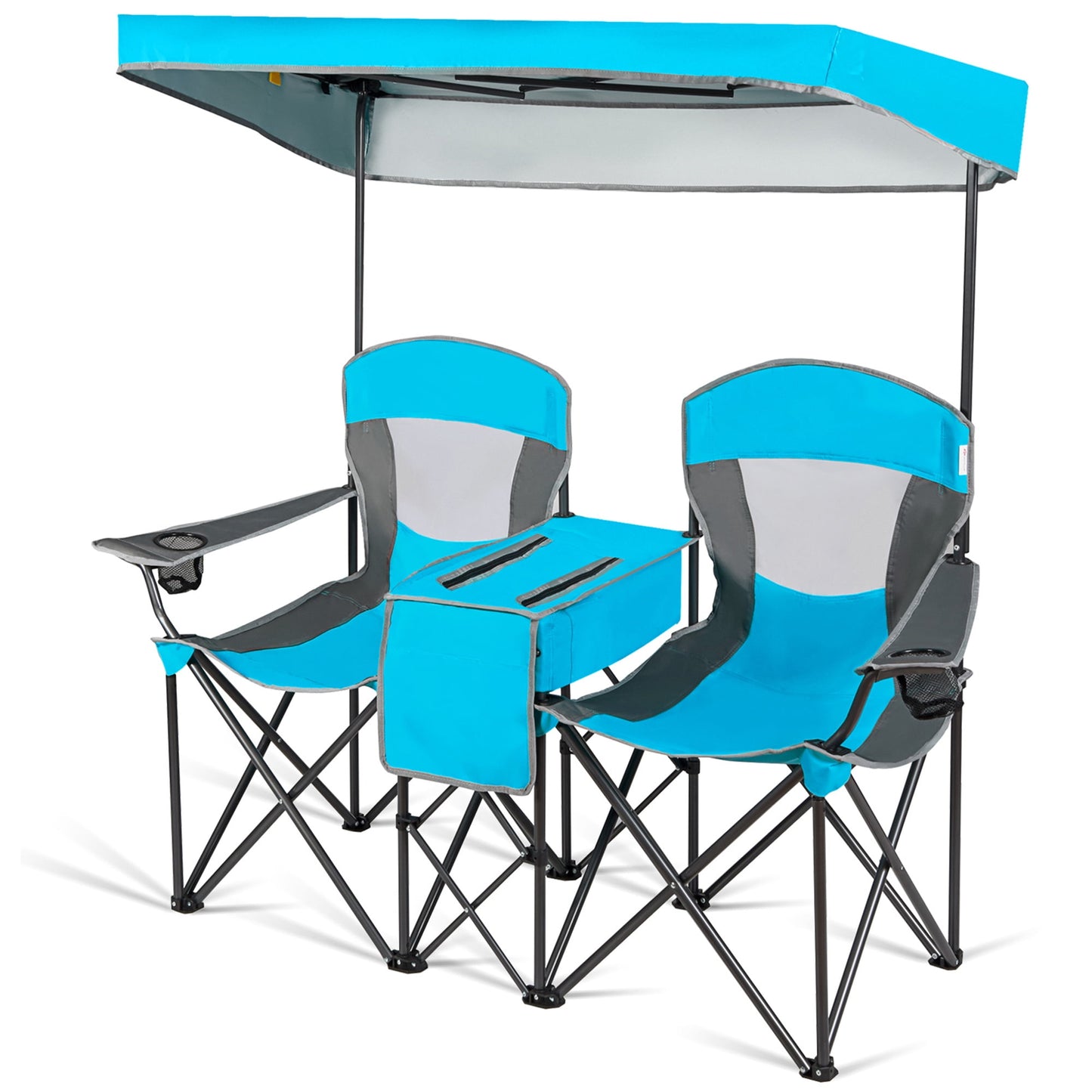 Gymax Folding 2-person Camping Chairs Double Sunshade Chairs w/ Canopy Patented Blue