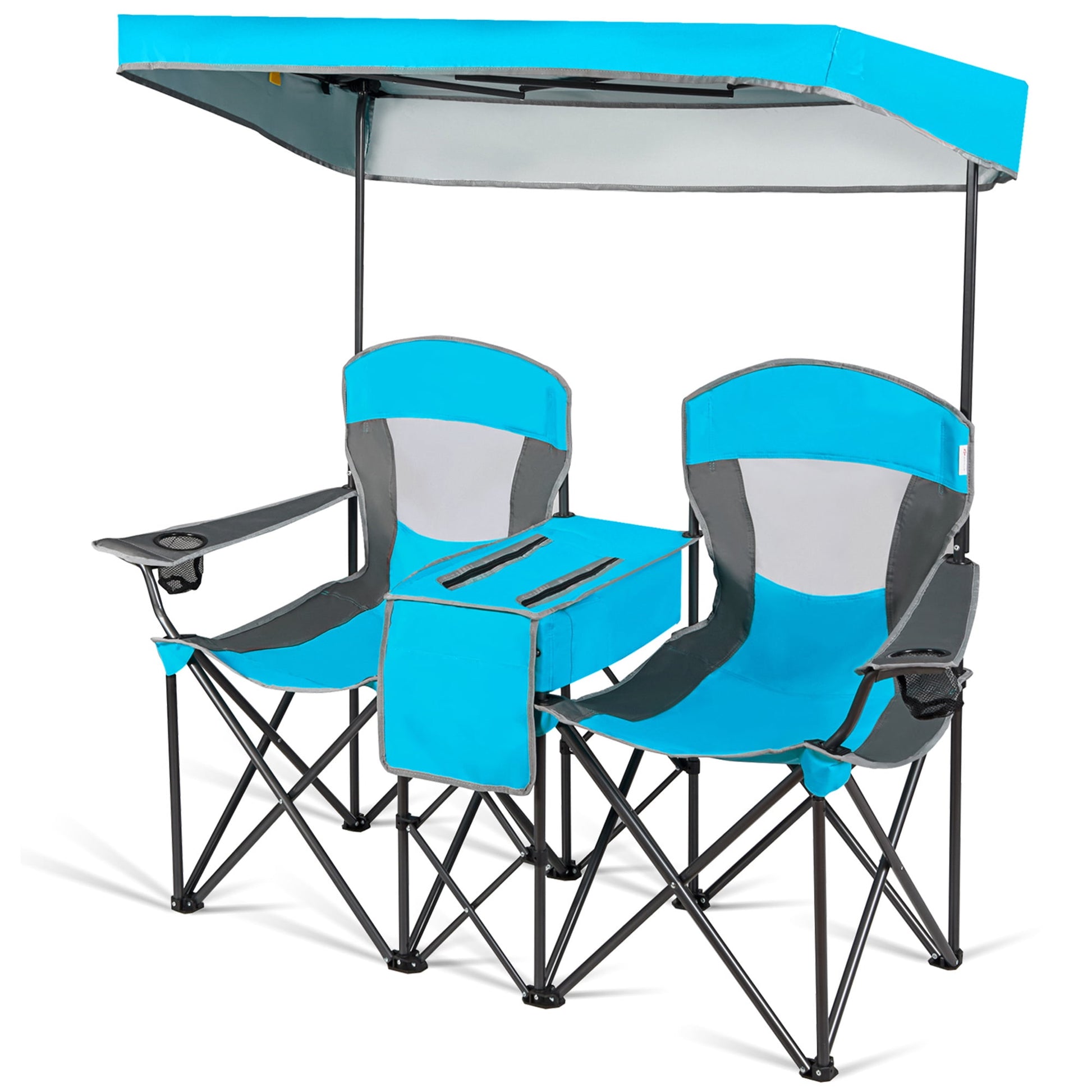 Gymax Folding 2-person Camping Chairs Double Sunshade Chairs w/ Canopy Patented Blue