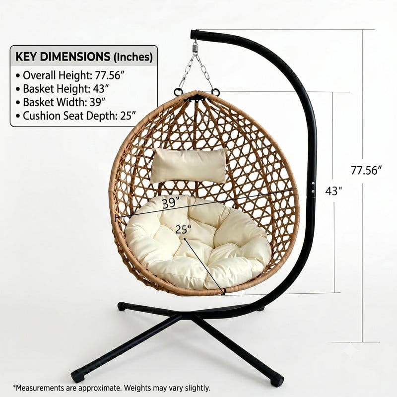 350lbs Capacity Foldable Hanging Chair with Stand, HDPE Rattan Accent Swing Egg Chair with Cushions for Indoor/Outdoor