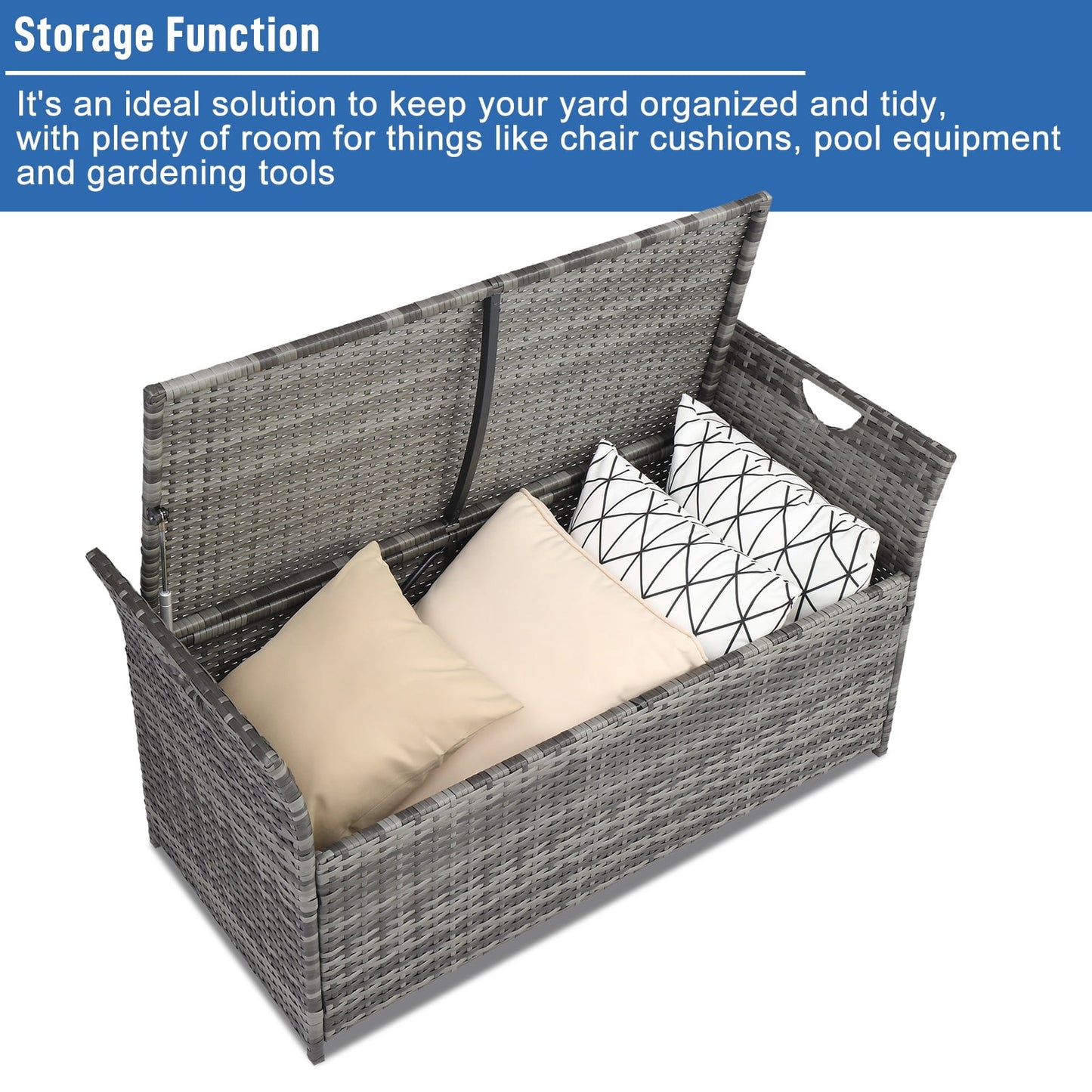 Patio Deck Box, Wicker Outdoor Storage Bench w/Cushion, PE Rattan Patio Storage Furniture with Iron Frame, Cushioned Storage Footstool for Indoor