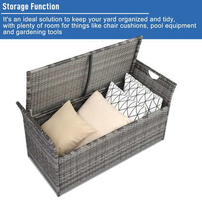 Patio Deck Box, Wicker Outdoor Storage Bench w/Cushion, PE Rattan Patio Storage Furniture with Iron Frame, Cushioned Storage Footstool for Indoor