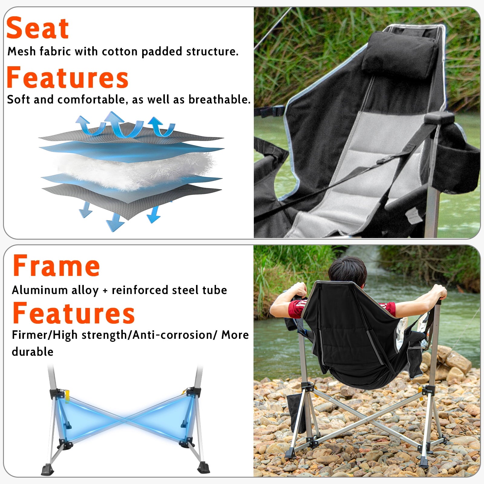 SUNSPIRE Oversized Hammock Chair with Footrest 2-Pack Portable Folding Rocking Camp Chair with Cup Holder for Outdoor Beach Sports Fishing Black