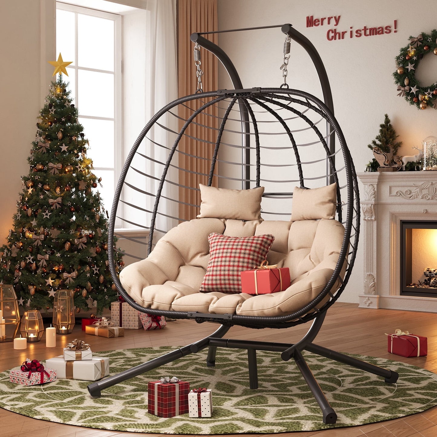 ELPOSUN Double Wicker Swing Egg Chair 2 Person Foldable Hanging Egg Chair with Stand, Porch Swing Loveseat for Patio, Balcony, Porch, Indoor, Outdoor, Black/Beige