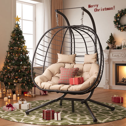 ELPOSUN Double Wicker Swing Egg Chair 2 Person Foldable Hanging Egg Chair with Stand, Porch Swing Loveseat for Patio, Balcony, Porch, Indoor, Outdoor, Black/Beige