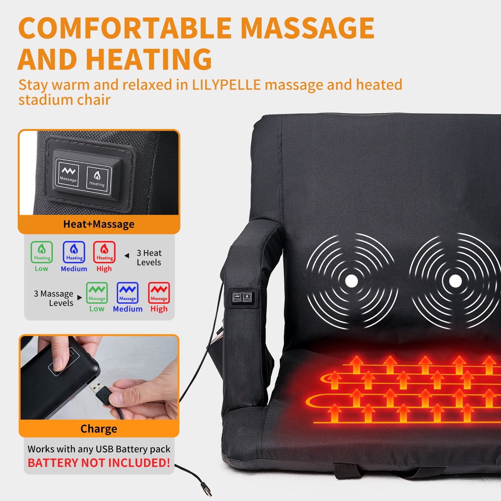 SUNYRISY 21-inch Heated Massage Stadium Seat, Folding Grandstand Chair, 3-Level Heating and Massage, 6 Reclining Angles, Suitable for Outdoor Camping, Sports and Exercise