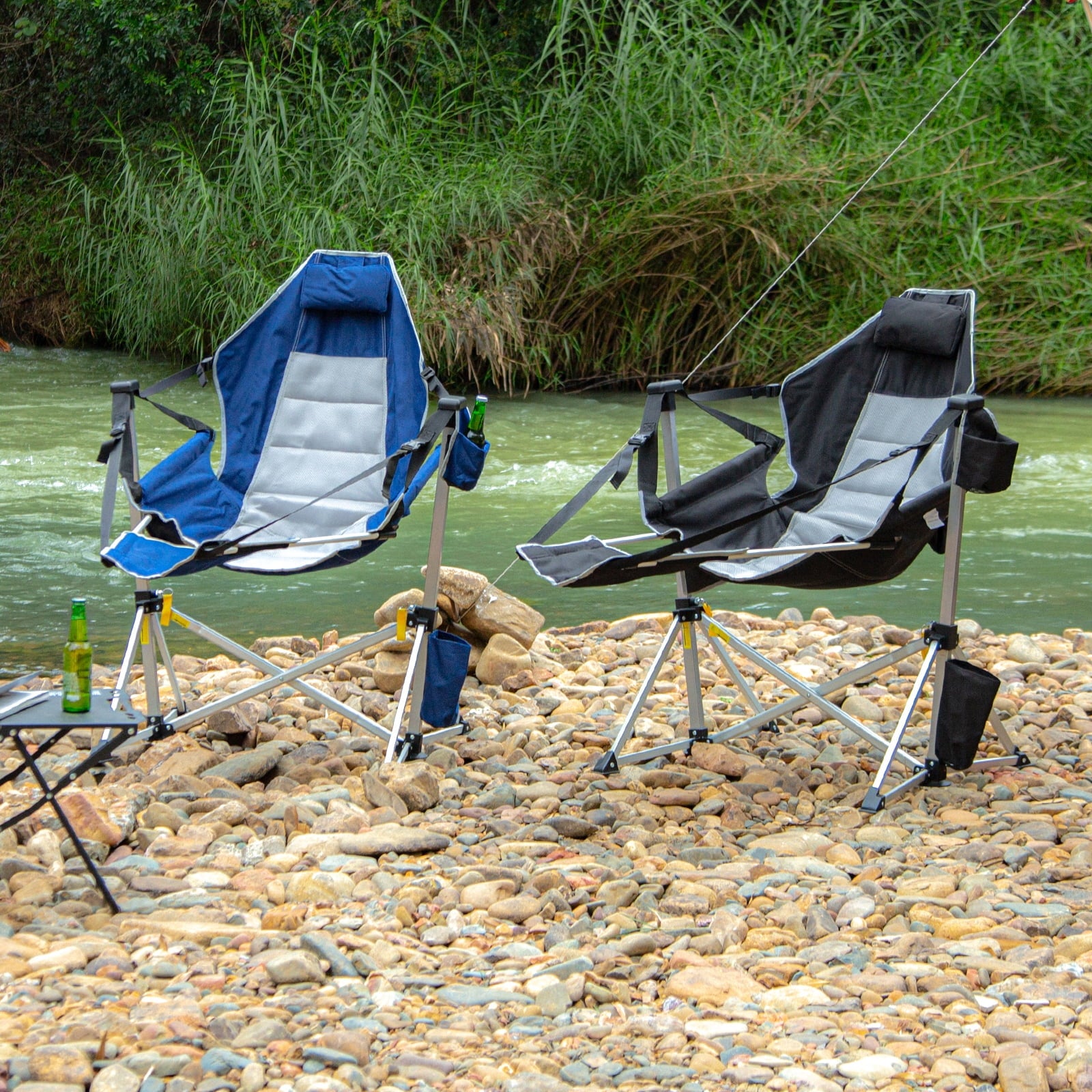 SUNSPIRE Oversized Hammock Chair with Footrest 2-Pack Portable Folding Rocking Camp Chair with Cup Holder for Outdoor Beach Sports Fishing Black