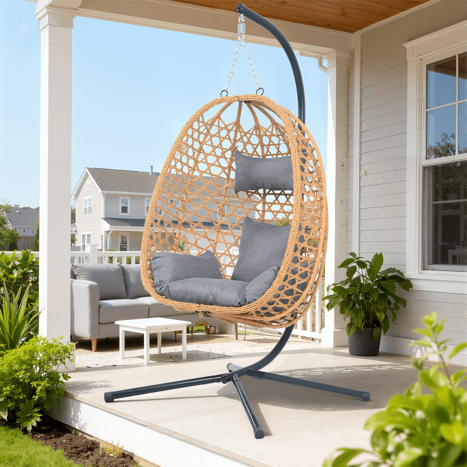 All-Weather Rattan Hanging Egg Chair with Stand & Cushions - Indoor/Outdoor Swing Chair for Patio Balcony Garden - Grey