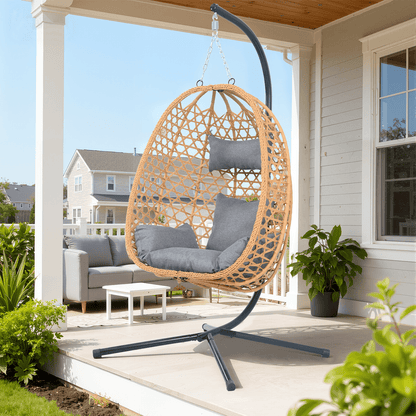 All-Weather Rattan Hanging Egg Chair with Stand & Cushions - Indoor/Outdoor Swing Chair for Patio Balcony Garden - Grey