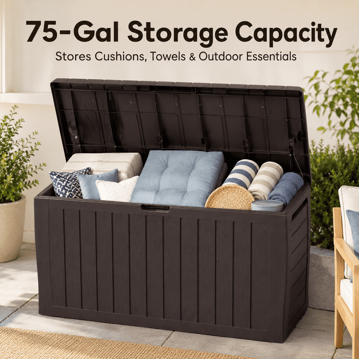 75GAL Outdoor Storage Box, Seizeen Deck Box for Outside, Storage Bench w/Wheels & Padlock, All-weather Waterproof Patio Storage Container for Cushions, as Seat Max 250LBS, Espresso