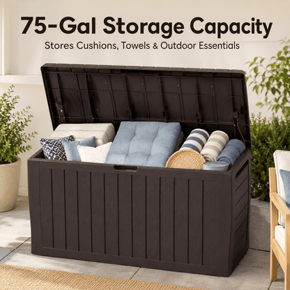 75GAL Outdoor Storage Box, Seizeen Deck Box for Outside, Storage Bench w/Wheels & Padlock, All-weather Waterproof Patio Storage Container for Cushions, as Seat Max 250LBS, Espresso