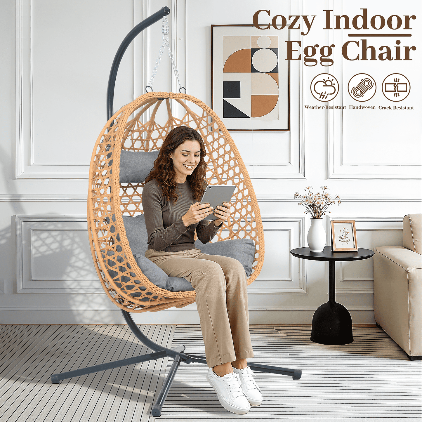 All-Weather Rattan Hanging Egg Chair with Stand & Cushions - Indoor/Outdoor Swing Chair for Patio Balcony Garden - Grey