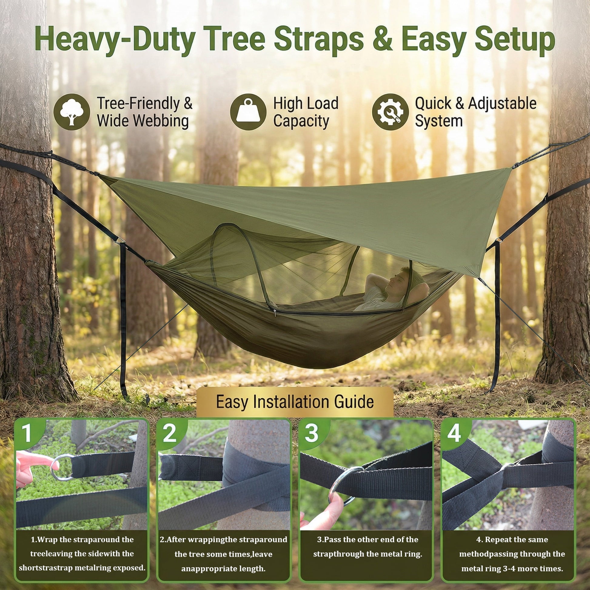 EZBY Camping Hammock with Net & Sunshade Tarp, 2 Person Portable Hammocks for Outside, 661lbs Max Load for Outdoor Camping Hiking Beach Park