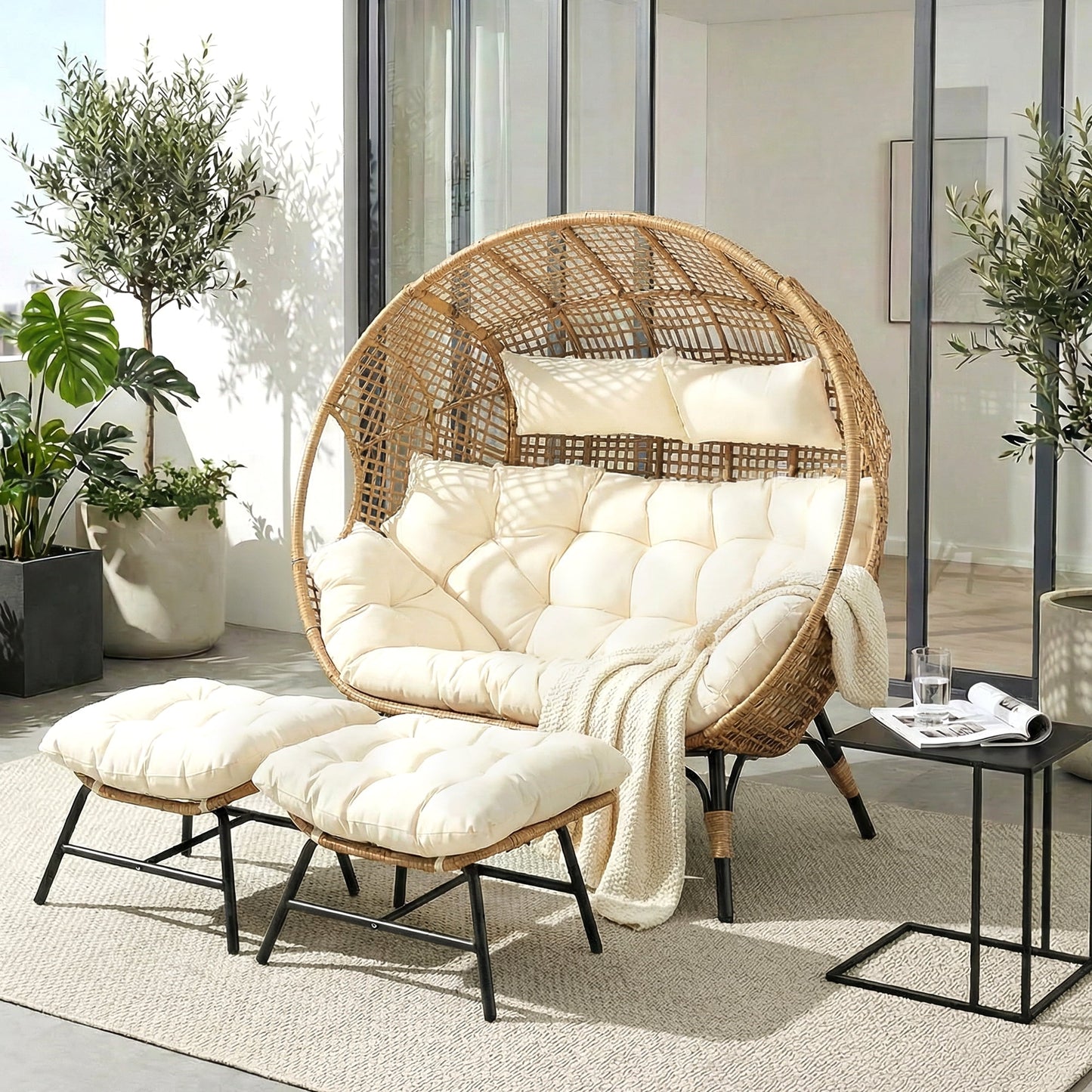 RADIATA Two Person Egg Chair with Ottomans Outdoor Wicker Patio Egg Chairs with Footrests for Indoor Bedroom Outside Porch Deck Backyard Garden (Beige,Oversized,Double)