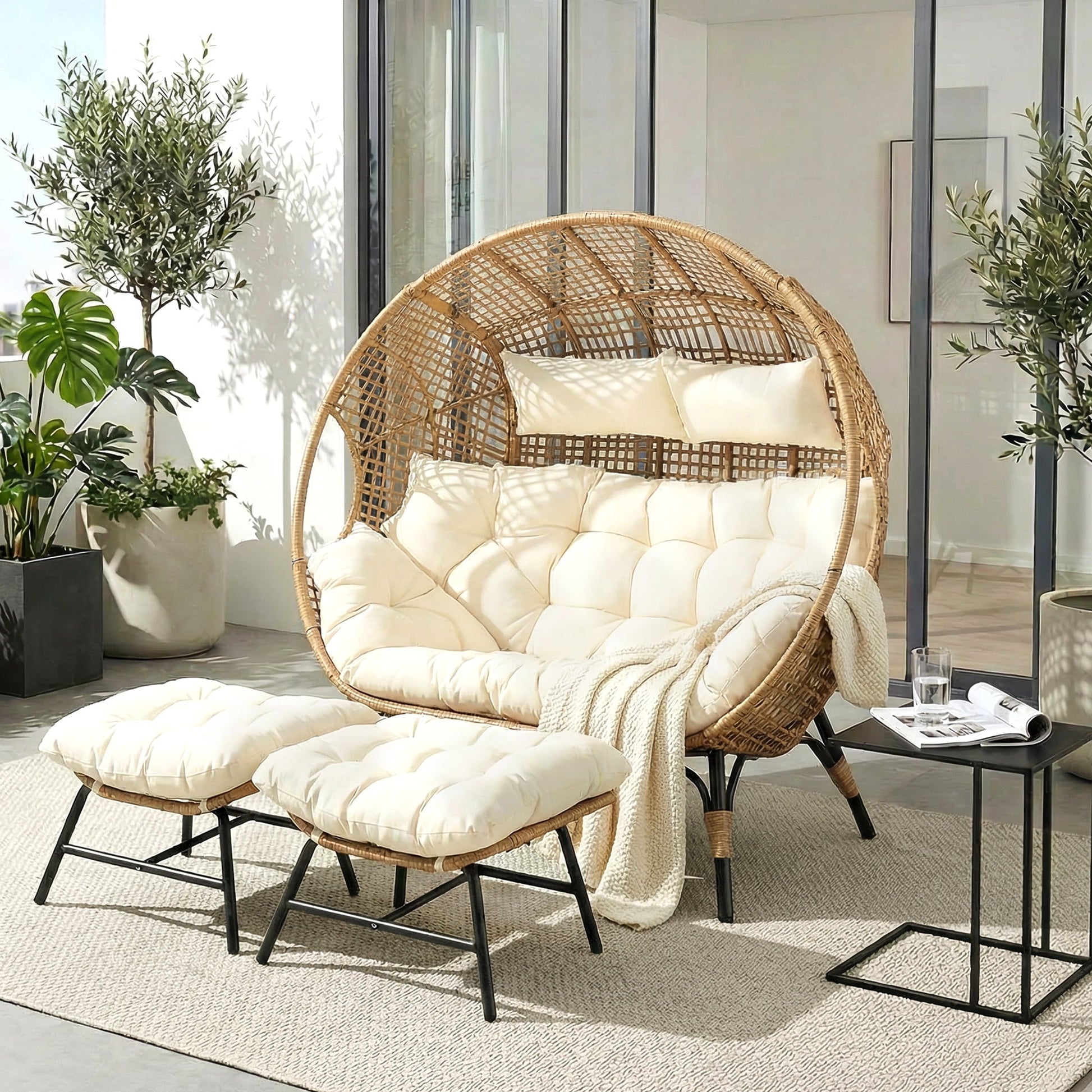 RADIATA Two Person Egg Chair with Ottomans Outdoor Wicker Patio Egg Chairs with Footrests for Indoor Bedroom Outside Porch Deck Backyard Garden (Beige,Oversized,Double)
